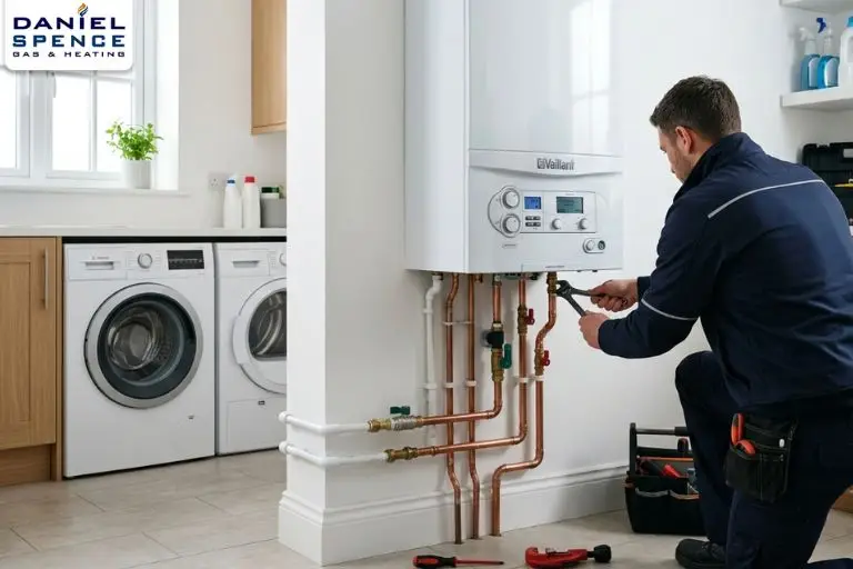 Modern boiler replacement installation showcasing an energy-efficient home heating system for improved comfort and lower energy bills.